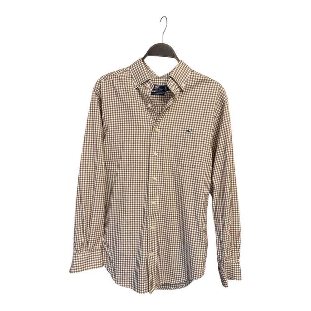 Vineyard Vines Tan and White Checkered Shirt Size Small